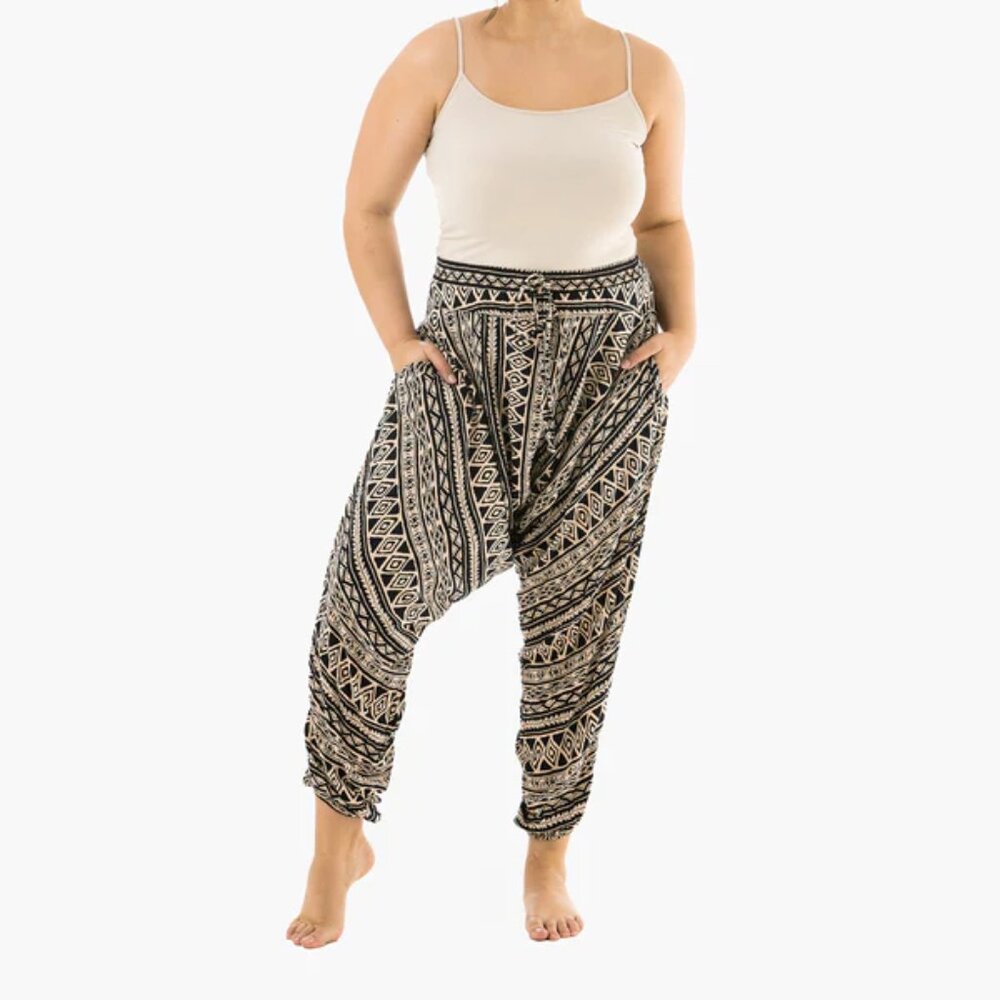 Buddha Pants Elastic Waist Boho Hippie Tribal Savannah Harem Beige Triangle